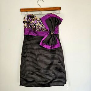 NWT A'lomore Rhinestone Bow Purple Black Satin Pleated Strapless Midi Dress 4